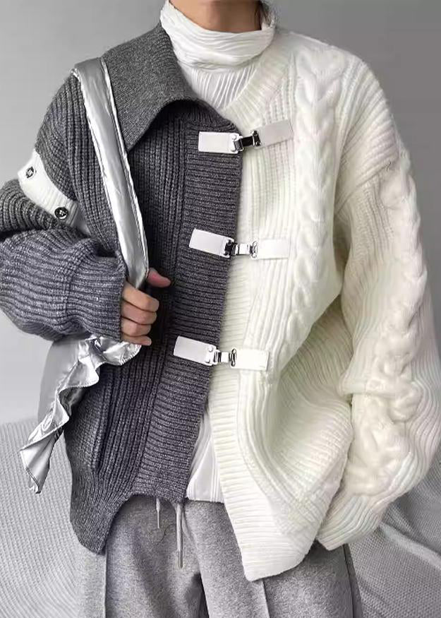 Women's Patchwork Knit Sweater Asymmetric Buckle Gray - OutfitLondon