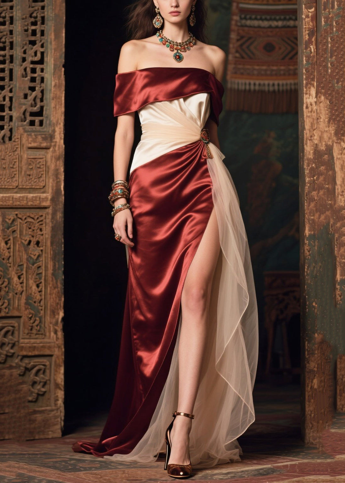 Women's Off Shoulder Silk Evening Gown Lightweight Beige - OutfitLondon