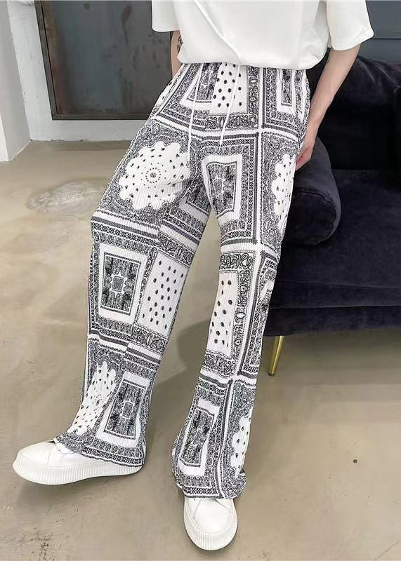 Men's White Cotton Pants Elastic Waistband Printed Comfort Fit - OutfitLondon