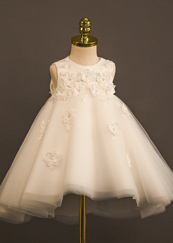 Girls Sleeveless Tulle Dress Floral Appliqués White - OutfitLondon