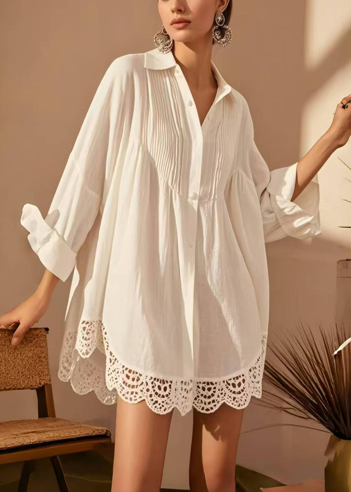 Women's White Crinkled Cotton Patchwork Shirt - OutfitLondon