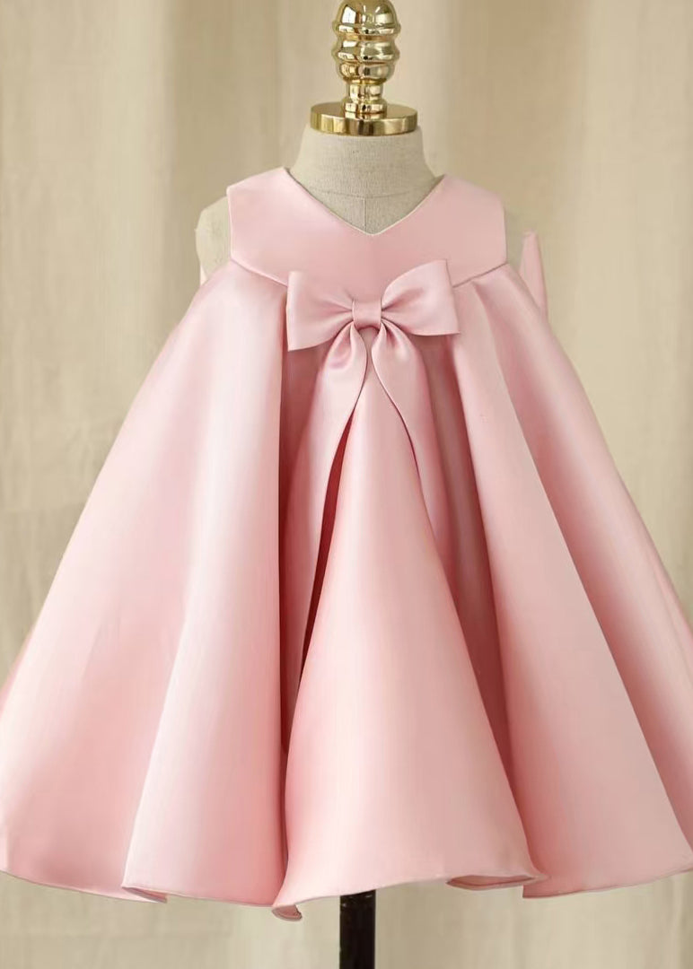 Girls Pink Satin Sleeveless Party Dress V-Neck Patchwork - OutfitLondon