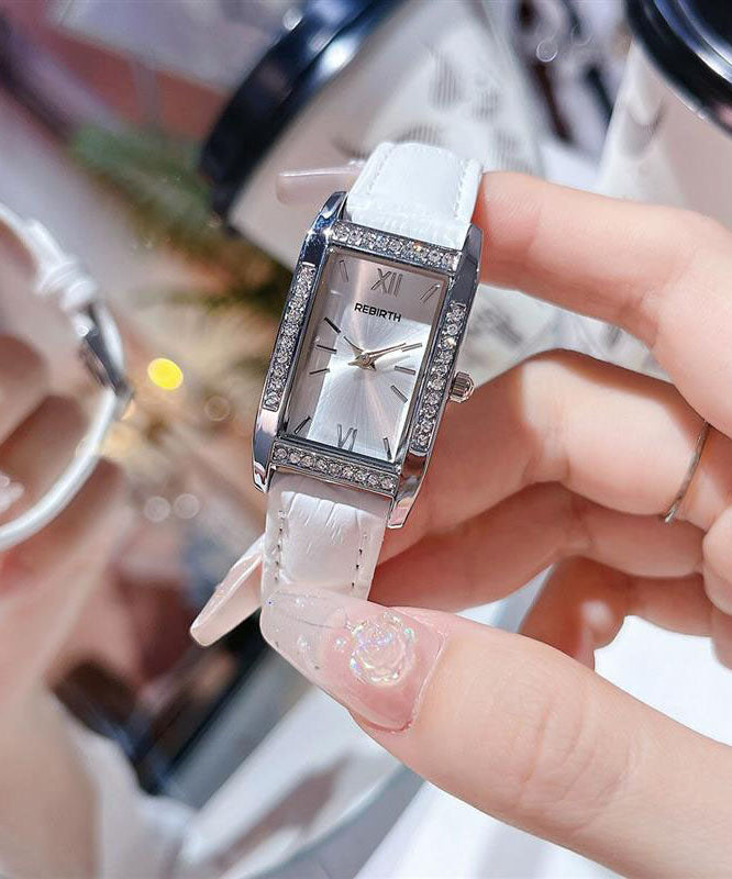 Women's White Leather Quartz Watch Sparkling Dial - OutfitLondon