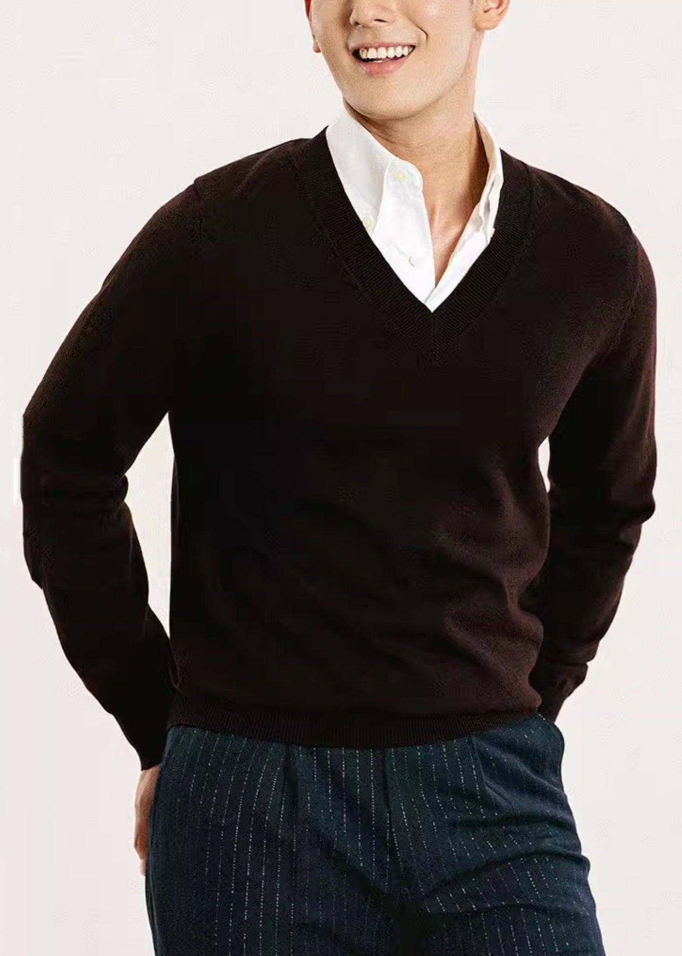 Men's Brown V Neck Sweater Soft Knit Warm Casual - OutfitLondon