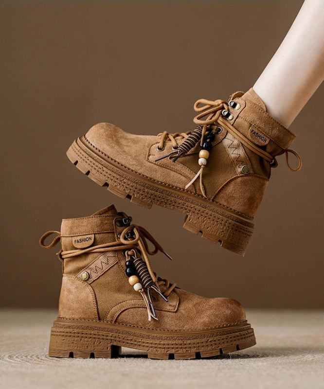 Women's Brown Suede Platform Boots Lace Up 4cm Heel - OutfitLondon