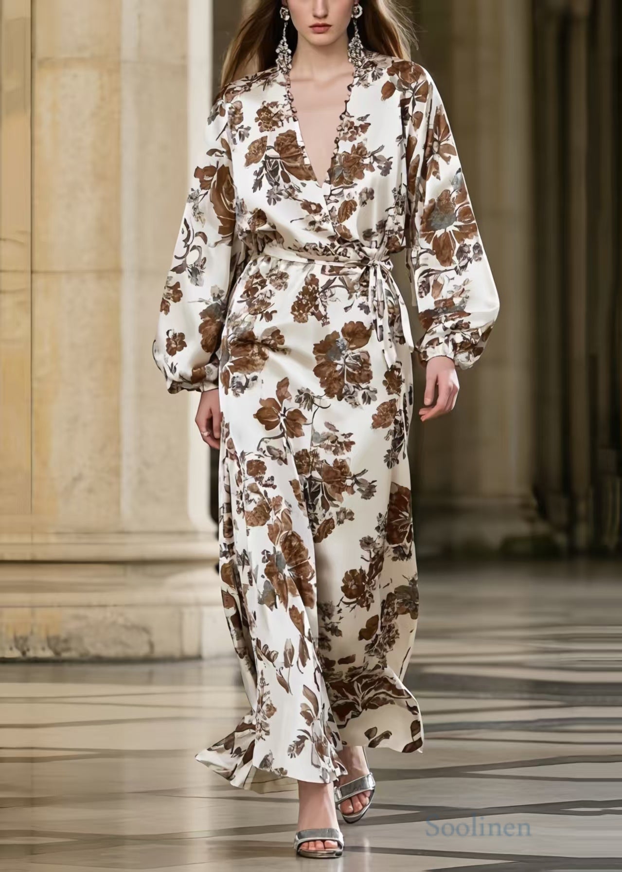 Women's Brown Floral Silk Dress With Waist Tie - OutfitLondon