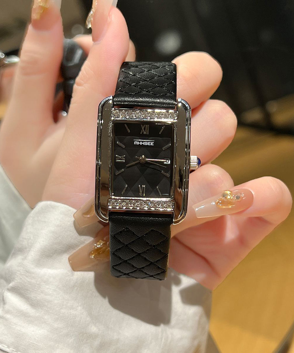 Black Leather Quartz Watch Zircon Crystal Glass - OutfitLondon