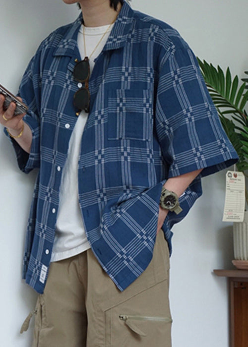 Men's Casual Blue Plaid Cotton Short Sleeve Shirt - OutfitLondon