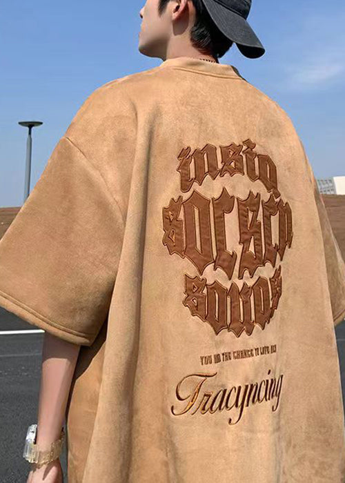 Men's Casual T-Shirt Brown Faux Suede Letter Print - OutfitLondon