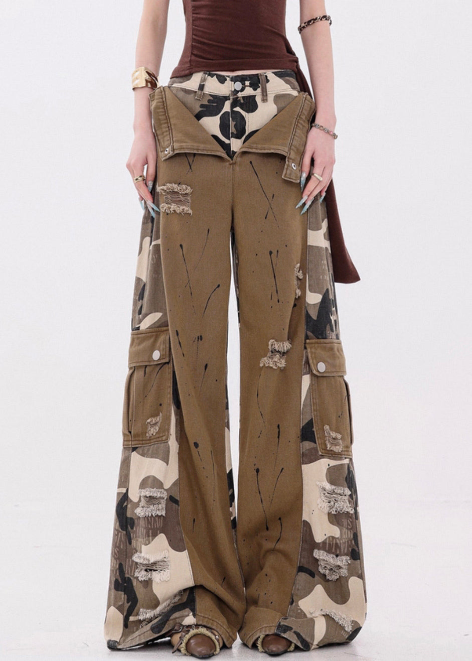Women's Casual Patchwork Jeans Camouflage Pockets Dark Blue - OutfitLondon