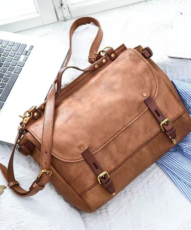 Leather Messenger Bag Khaki Large Crossbody Zipper Closure - OutfitLondon