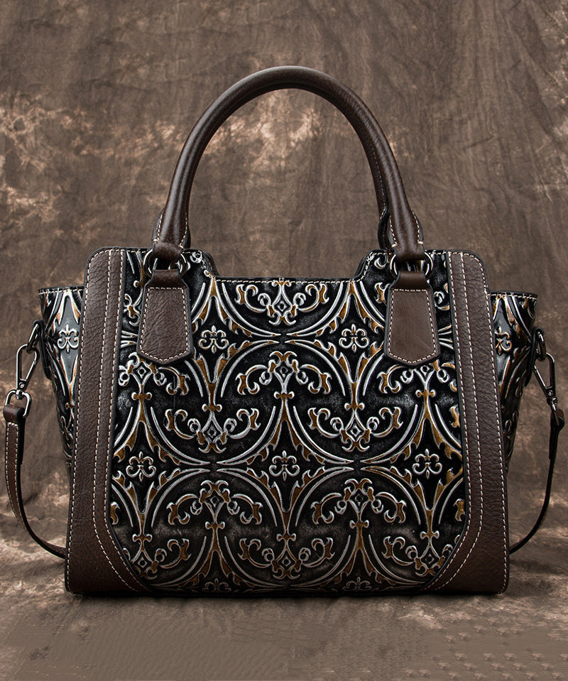 Women's Leather Tote Bag Silver Embossed Calf Leather Zippered - OutfitLondon