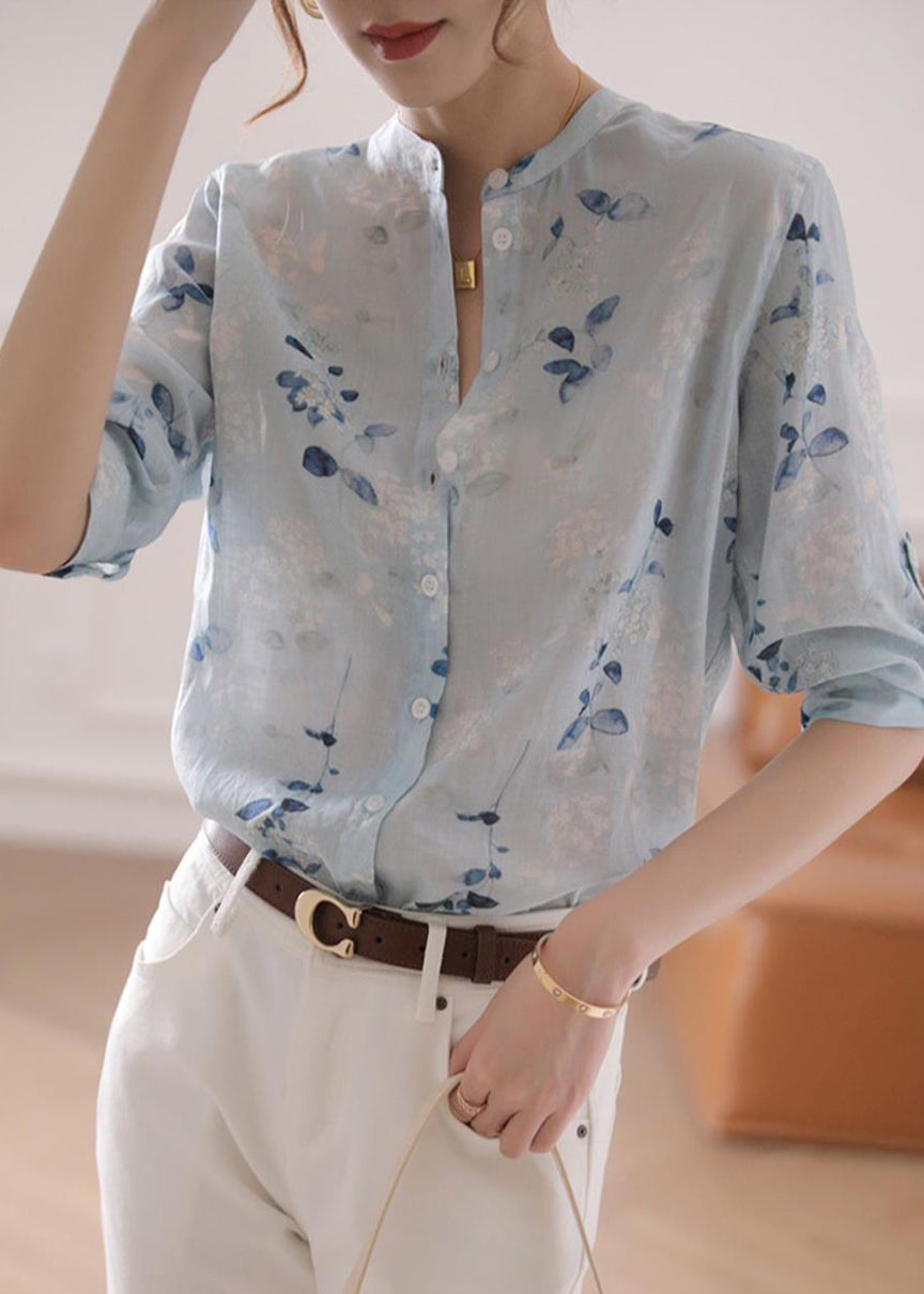 Women's Light Blue Linen Blouse Relaxed Fit - OutfitLondon