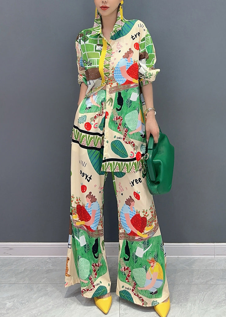 Women's 2 Piece Print Set Peter Pan Collar Wide Leg Pants Multicolor - OutfitLondon