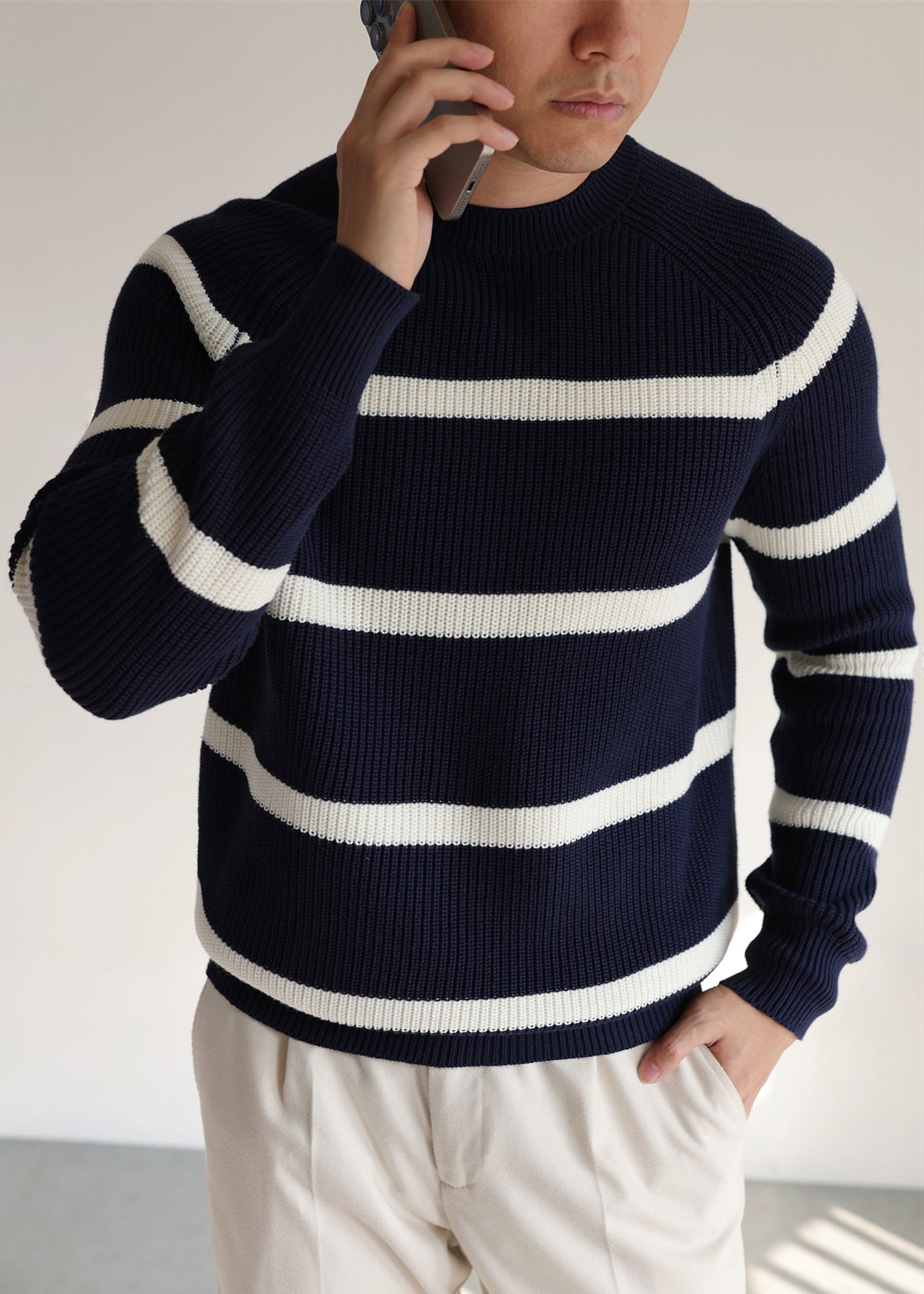 Mens Navy Stripe Crew Neck Sweater Soft Knit Warm Winter - OutfitLondon