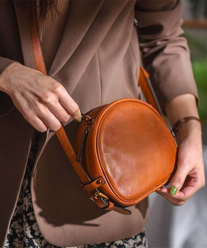 Women's Leather Crossbody Bag Round Zipper Closure Brown - OutfitLondon
