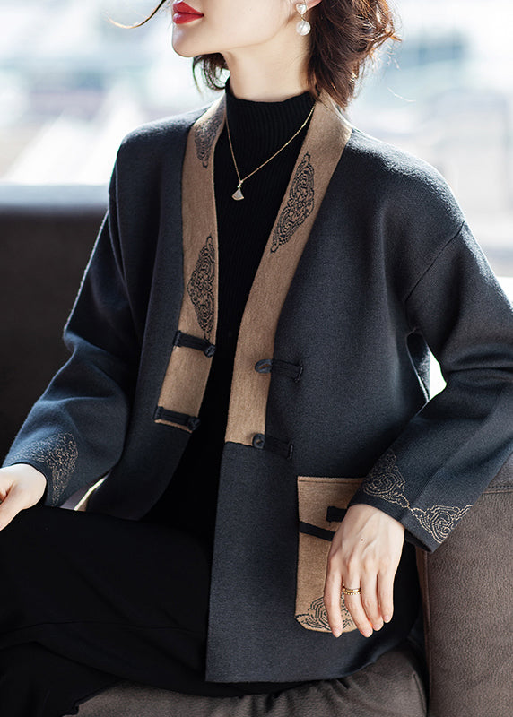 Women's Wool Coat Anthracite Gray V Neck - OutfitLondon