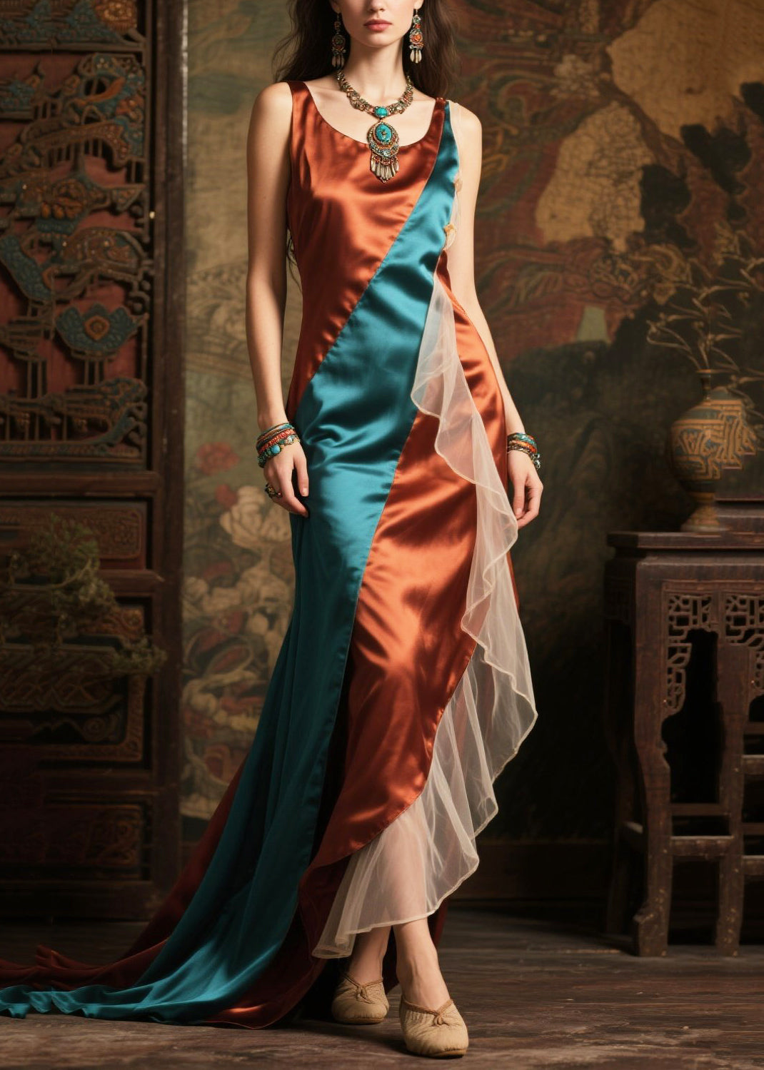 Women's Silk Blend Asymmetric Dress Colorblock Oversized Hem - OutfitLondon
