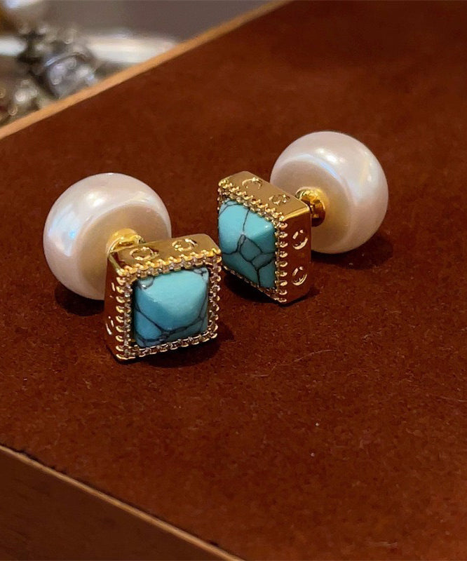 Women's Turquoise Pearl Stud Earrings Copper - OutfitLondon
