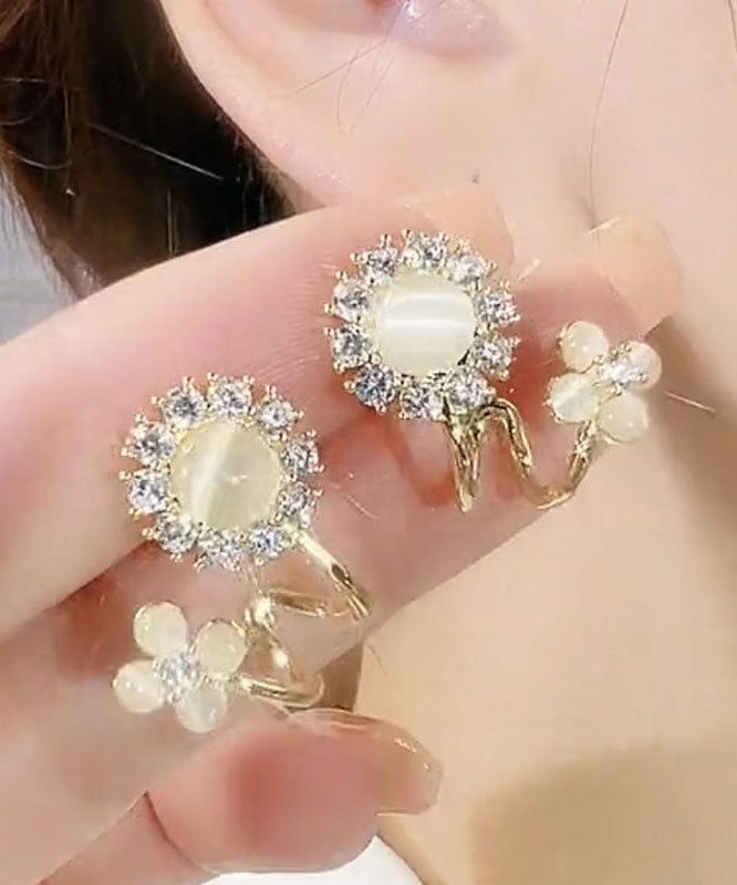 Women's Gold Plated Copper Floral Hoop Earrings Cat's Eye Zircon - OutfitLondon