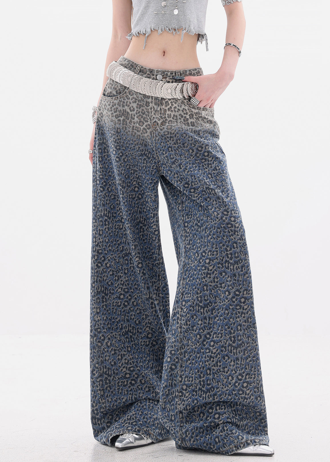 Women's High Waisted Wide Leg Jeans Leopard Print Denim - OutfitLondon