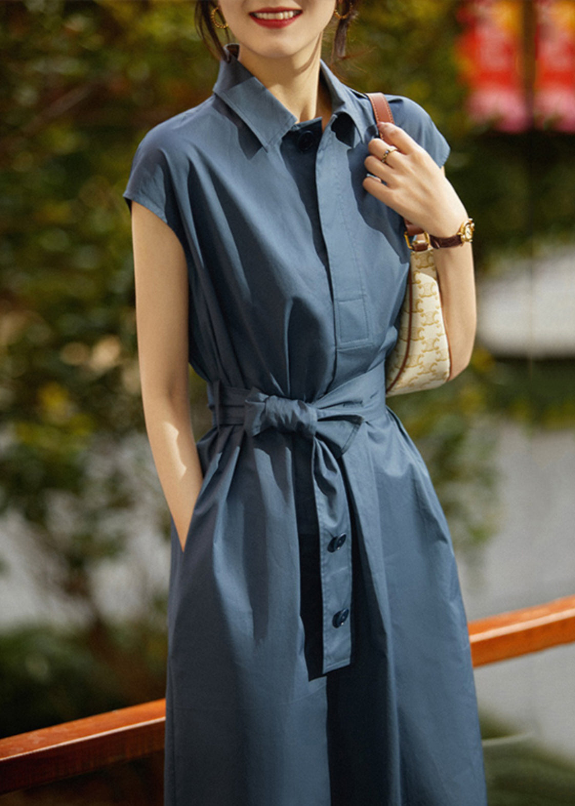 Women's Navy Cotton Maxi Dress Cinched Waist Flowy Skirt - OutfitLondon