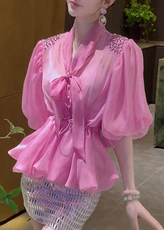 Women's Pink Blouse Puff Sleeves Tulle - OutfitLondon