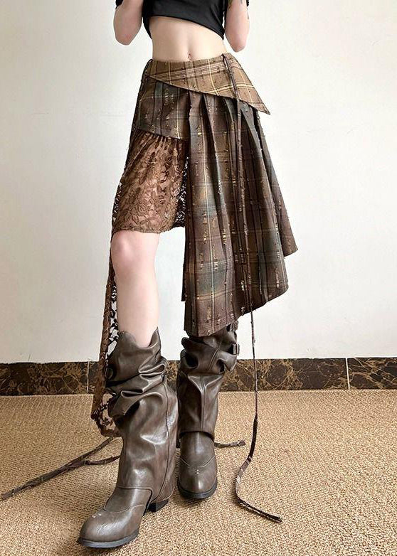 Women's Asymmetric Skirt Cotton Plaid Summer Black - OutfitLondon