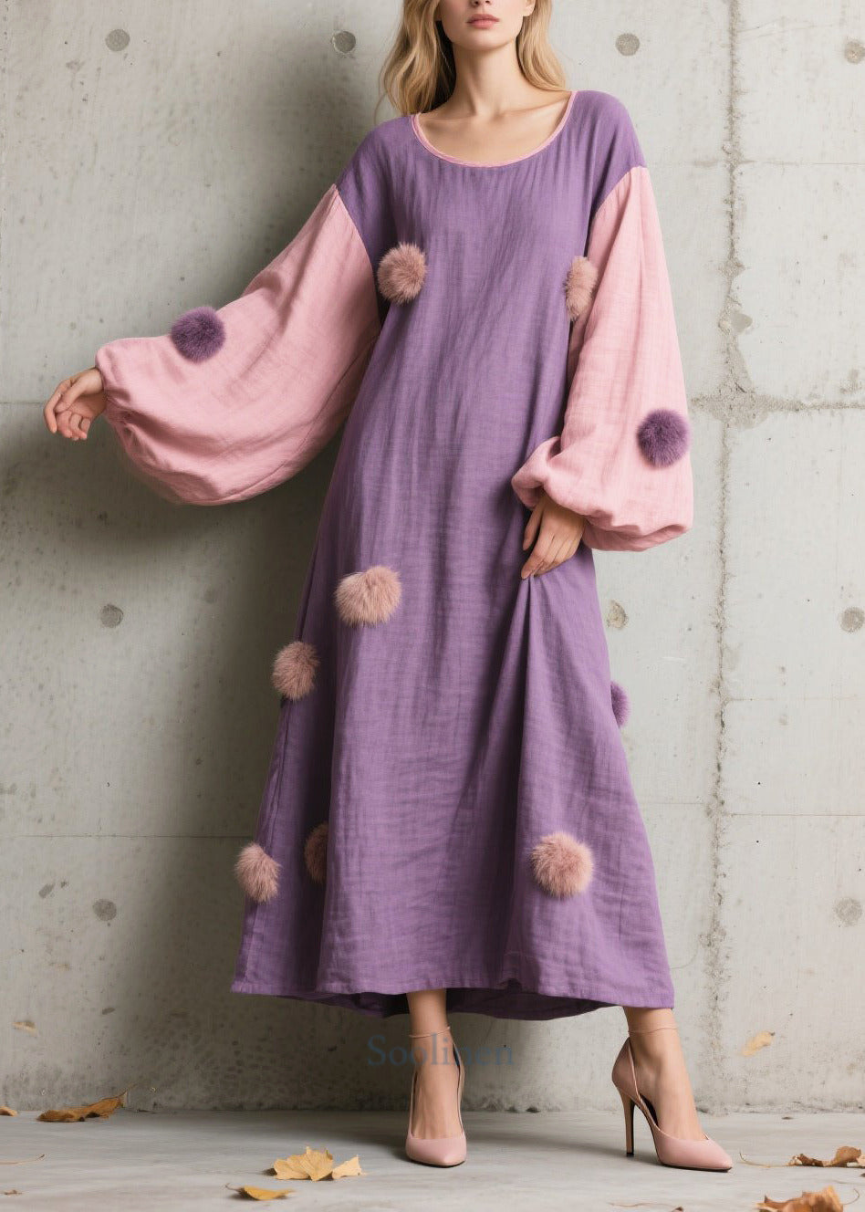Women's Oversized Maxi Dress Purple Patchwork Lantern Sleeves Pom Pom - OutfitLondon