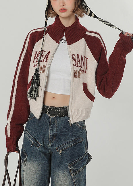 Women's Patchwork Knit Coat Rich Red Loose Fit High Collar - OutfitLondon