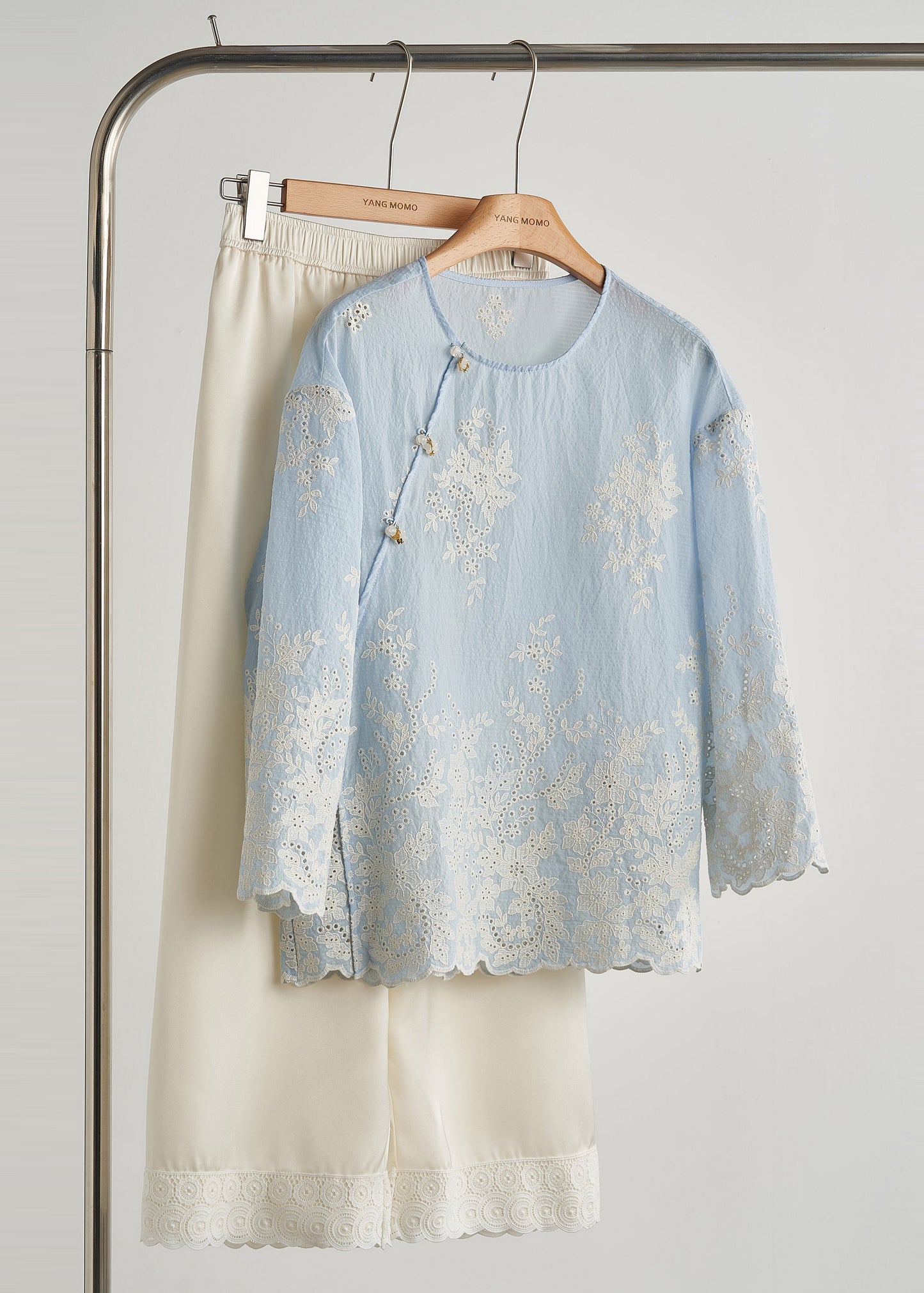 Women's Embroidered Cotton Blouse Sky Blue Breathable - OutfitLondon