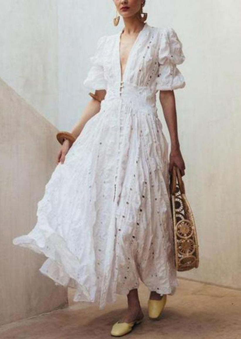 Women's White Puff Sleeve Vacation Dress - OutfitLondon