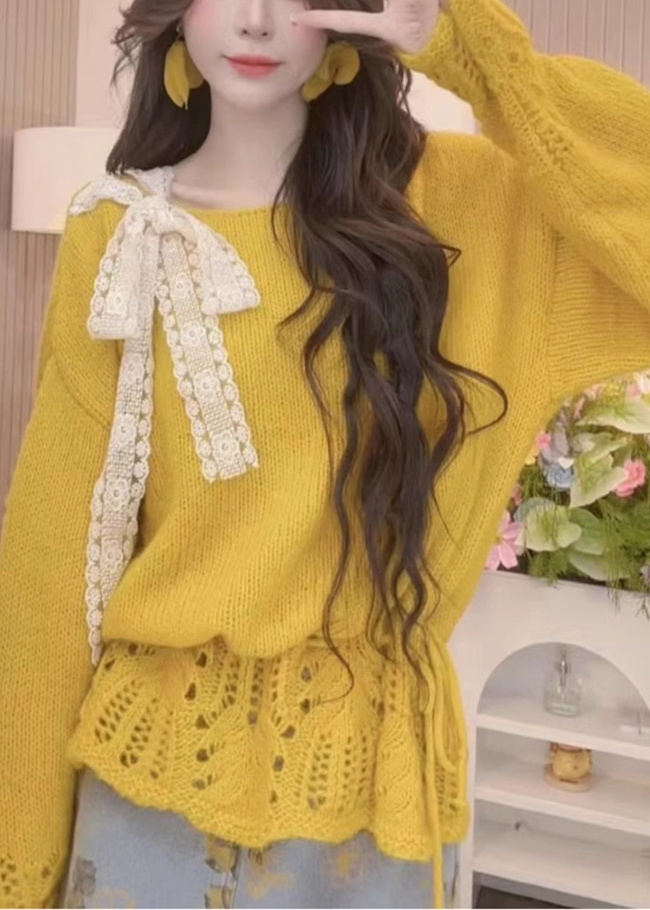 Women's Yellow Knit Sweater Open Knot Detail Large - OutfitLondon