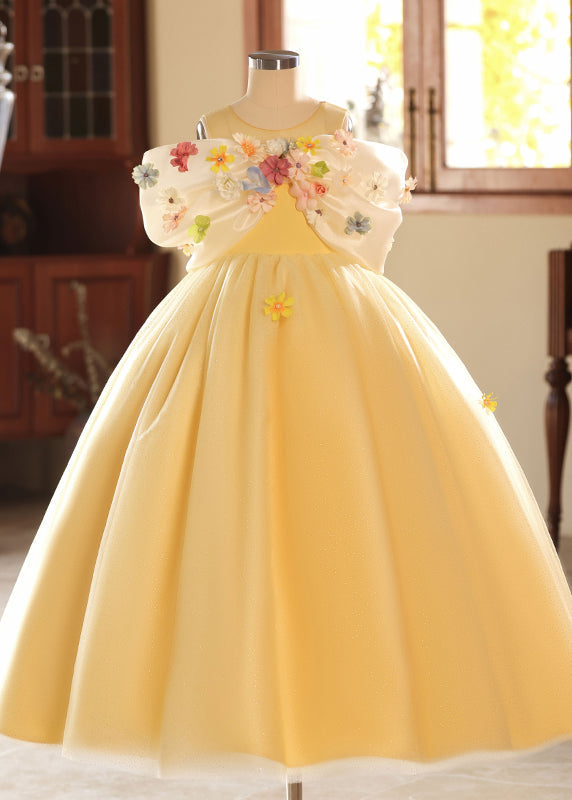 Girls Yellow Floral Maxi Dress Tulle Round Neck Summer - OutfitLondon