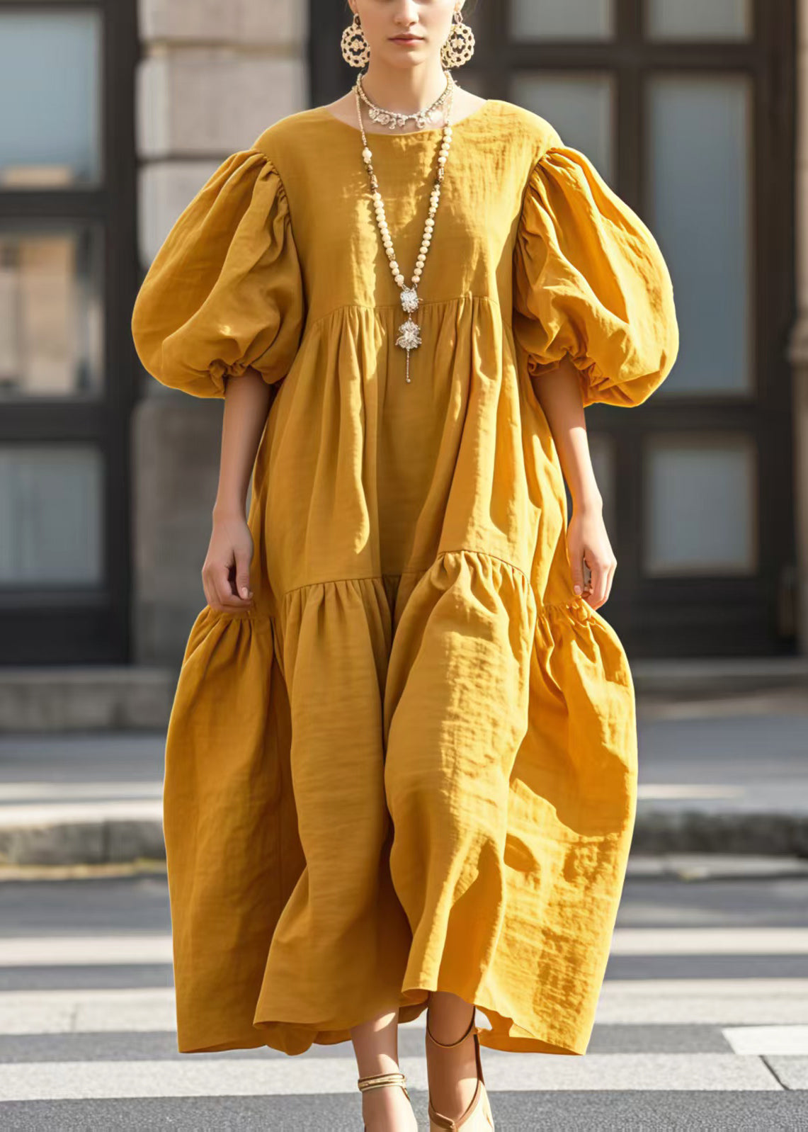 Women's Yellow Cotton Maxi Dress Puff Sleeves Round Neck - OutfitLondon
