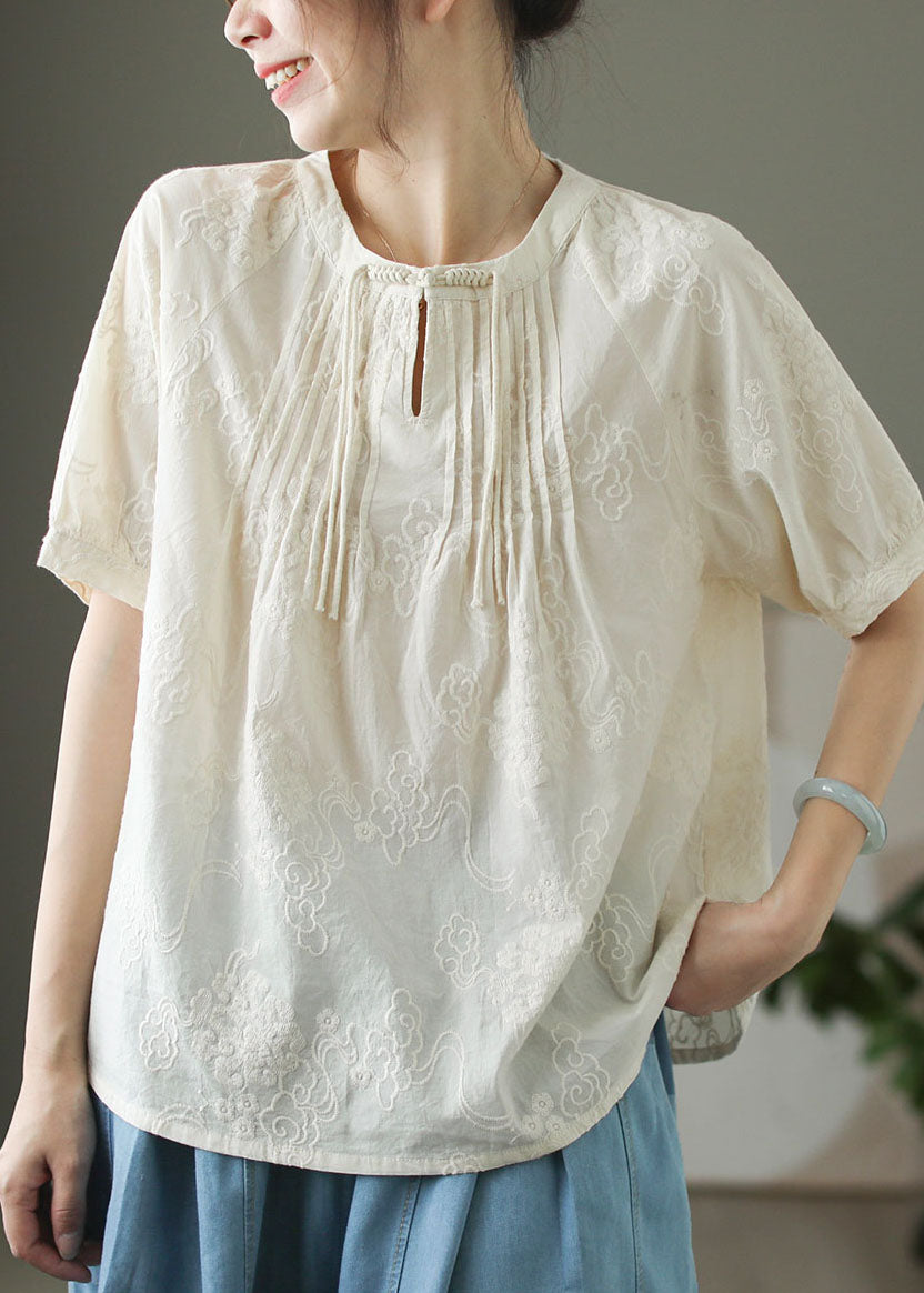 Women's Embroidered Cotton Blouse Lightweight Apricot - OutfitLondon
