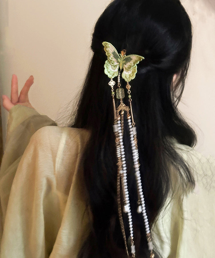 Women's Green Copper Beaded Hairpin With Butterfly Embroidery - OutfitLondon