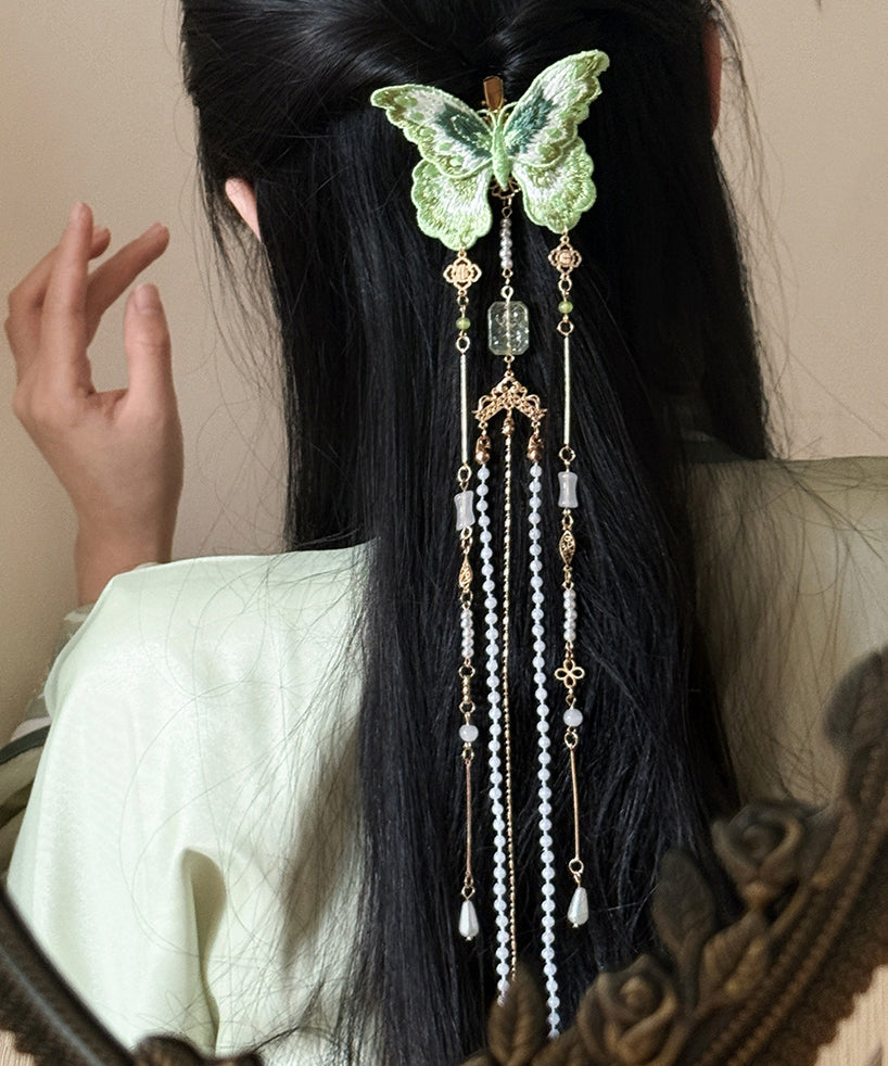 Women's Embroidered Hair Pin Green Copper Beads Chinese Design - OutfitLondon