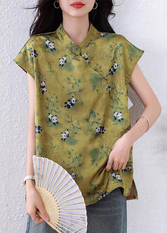 Women's Silk Blend Button Up Shirt Green Print - OutfitLondon
