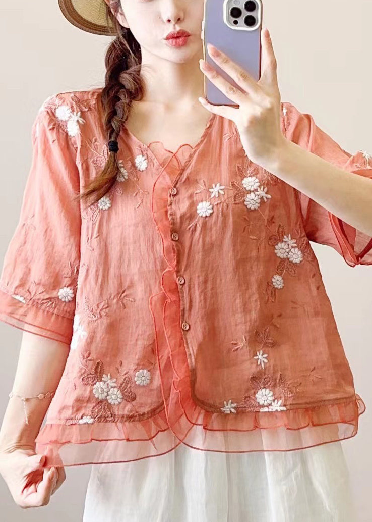Women's Embroidered Linen Blouse Orange Ruffles Midi Sleeves - OutfitLondon