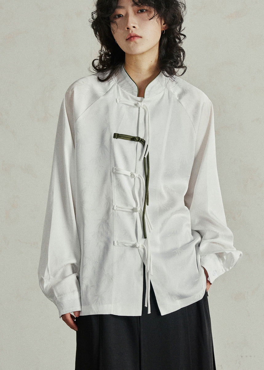 Women's Chinese Style Cotton Blend Shirt Relaxed Fit White - OutfitLondon