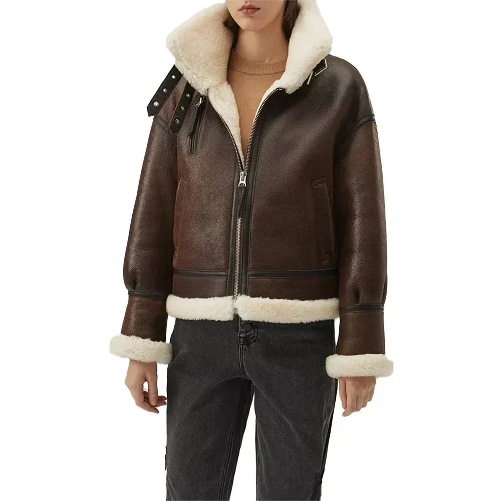 Women's Sheepskin Aviator Jacket Brown - OutfitLondon