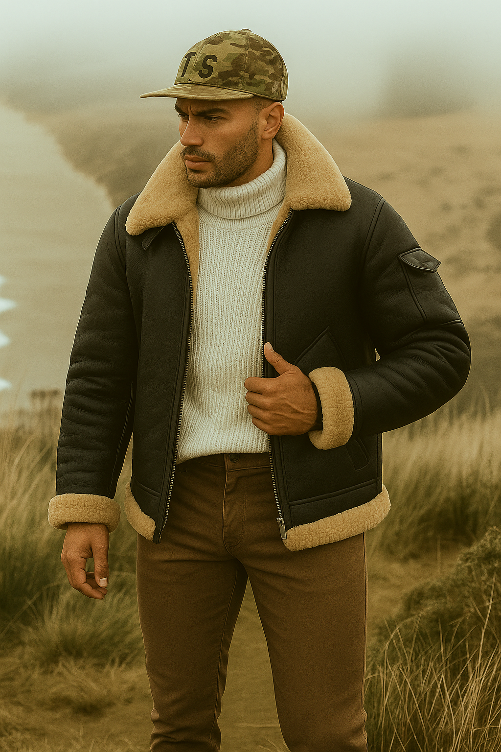 Warm Leather Aviator Jacket Men - Faux Fur Collar