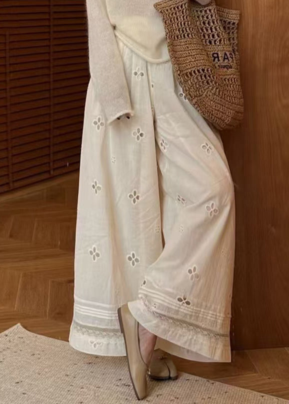 Women's Beige Cotton Wide Leg Pants Elastic Waist Breathable - OutfitLondon