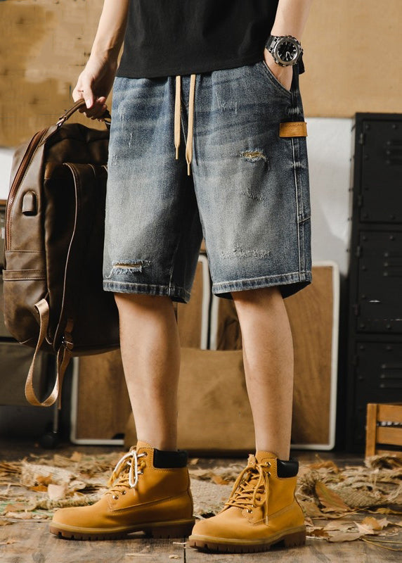 Men's Denim Shorts Elastic Waist Lace Up Comfortable Blue - OutfitLondon
