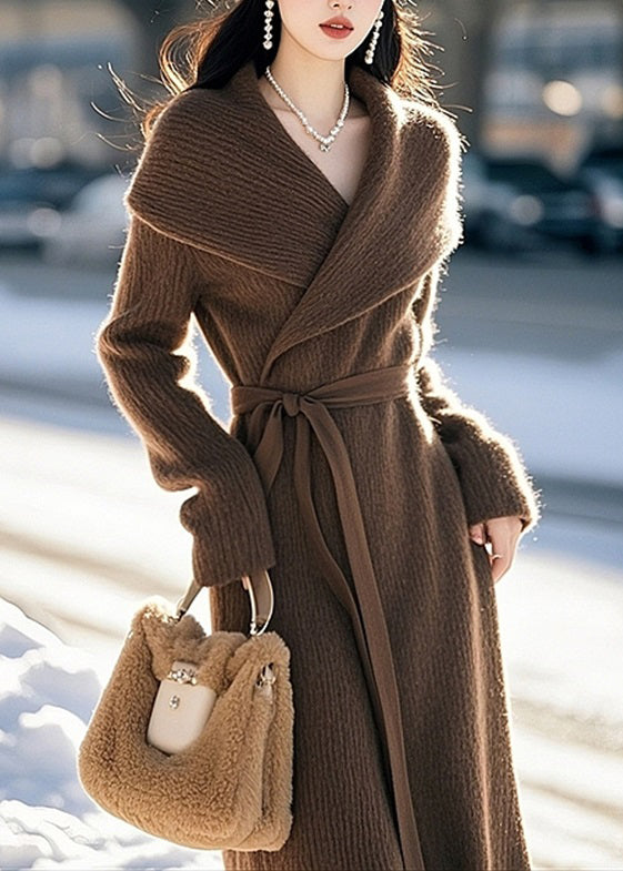 Women's Knit Sweater Dress Peter Pan Collar Tie Waist Brown - OutfitLondon