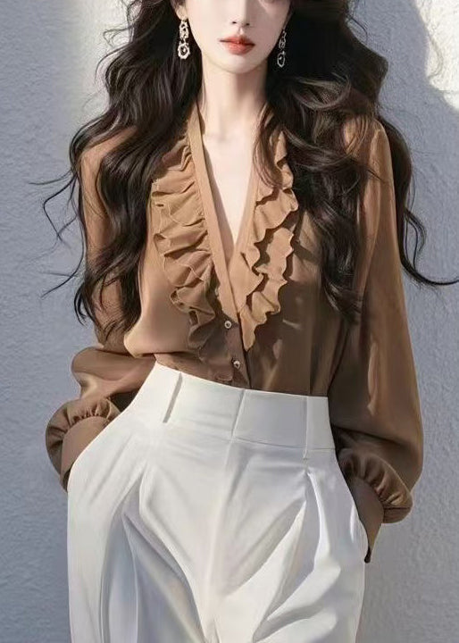 Women's Cotton V Neck Shirt Coffee - OutfitLondon