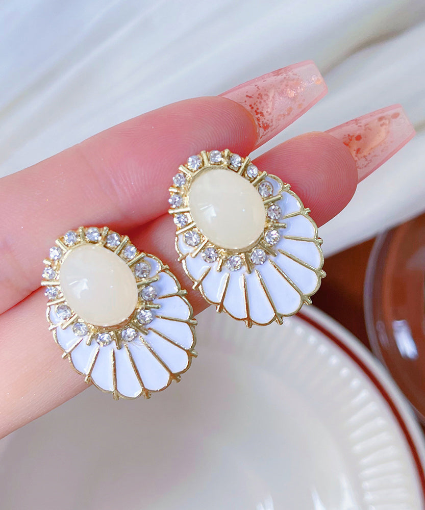 Women's Fan Shaped Earrings Copper Alloy White Zircon Pearl - OutfitLondon