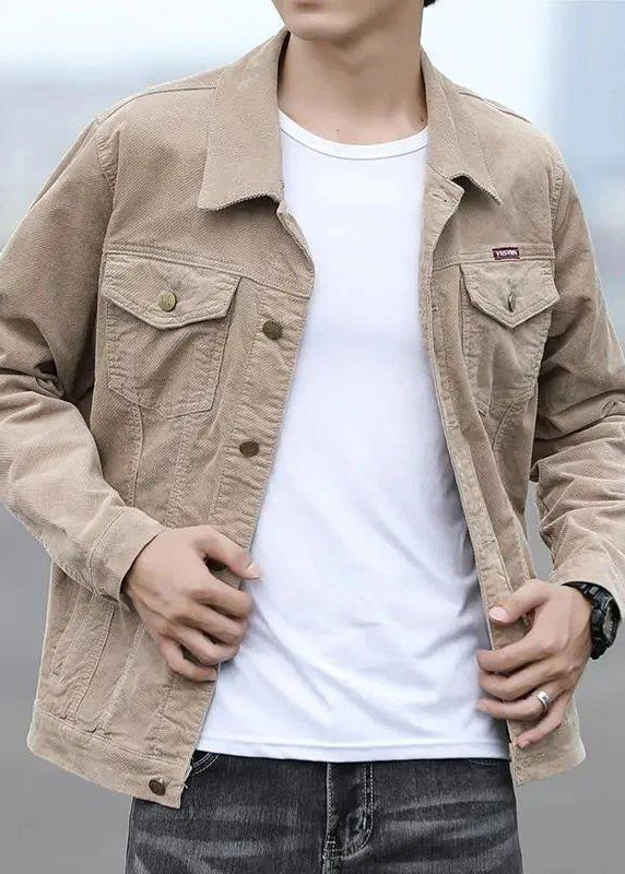 Men's Khaki Corduroy Jacket Peter Pan Collar Lightweight - OutfitLondon