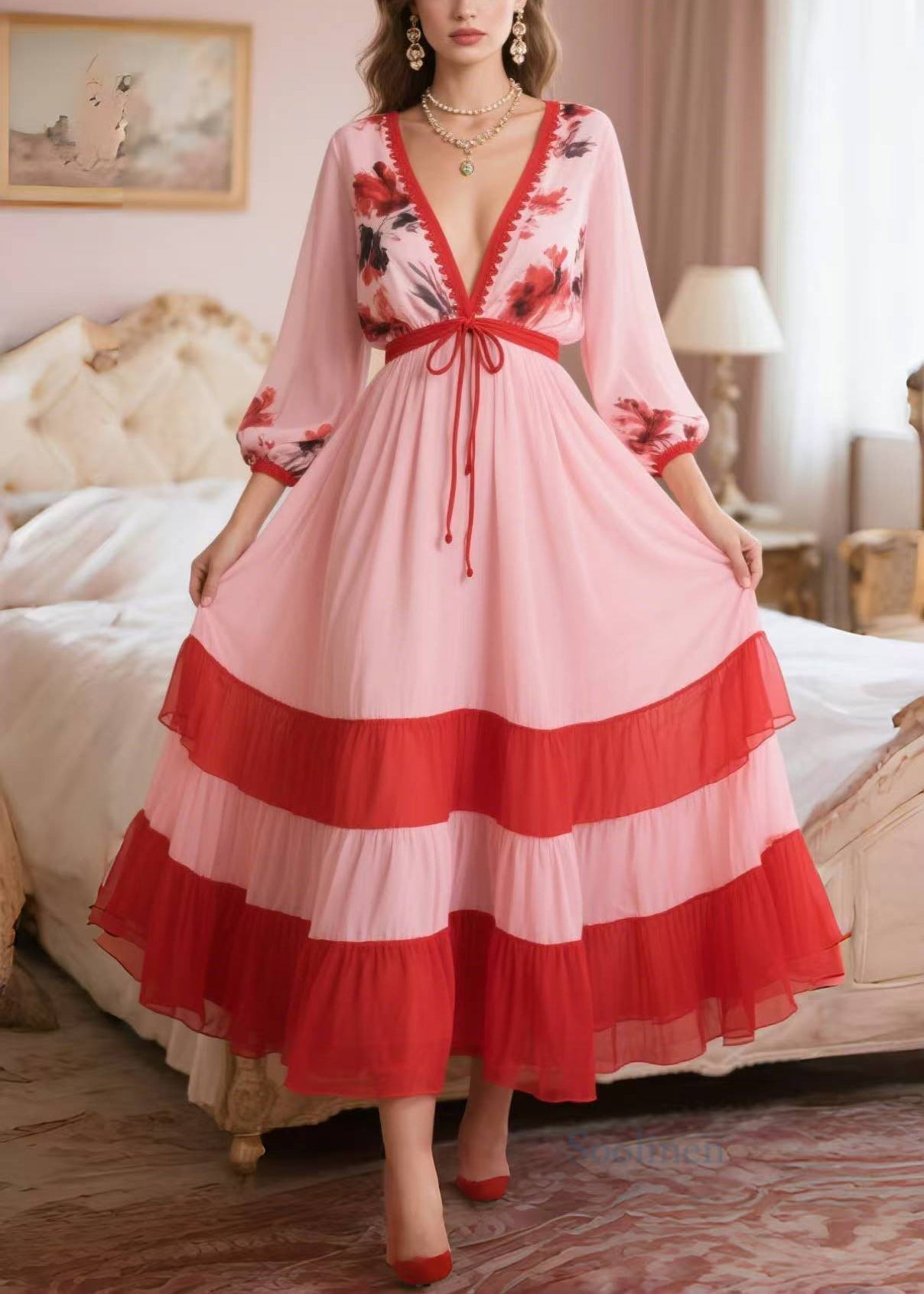 Women's Pink Silk Chiffon Dress V Neck Patchwork Lightweight - OutfitLondon